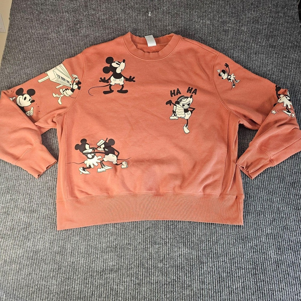Disney Mickey Minnie Sweatshirt Womens XXL Orange Allover Graphic Retro Fleece